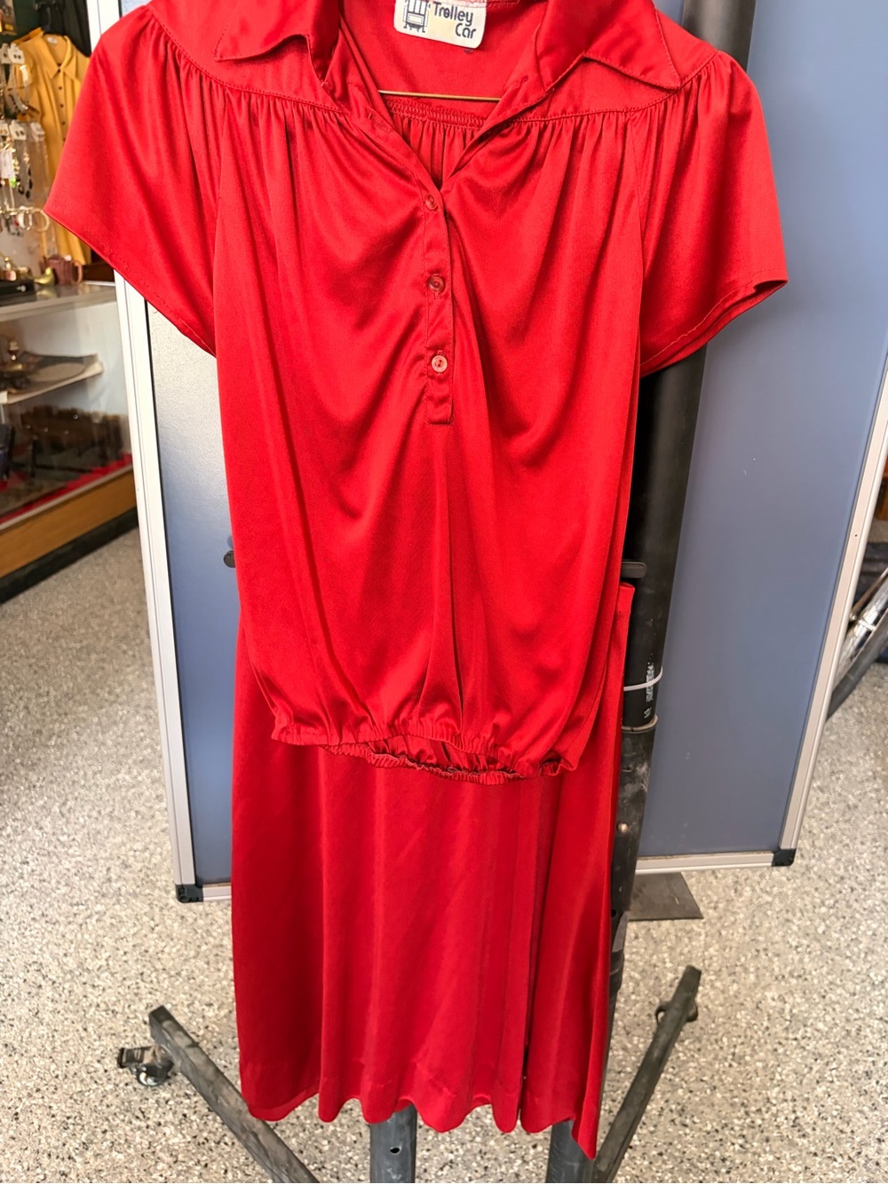 Red Short-Sleeve Elastic-Waist Dress